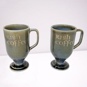 Vintage Wade Irish Coffee Pedestal Mug Set Green Blue Glaze Porcelain 8OZ